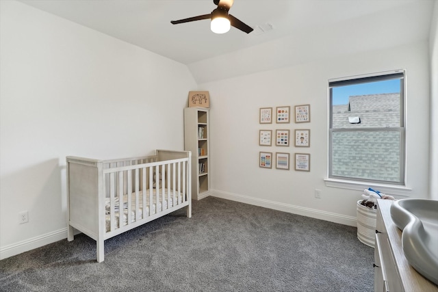 311 Misty Ln, Argyle, TX 76226 - bedroom with ceiling fan, a crib, carpet, lofted ceiling, and visible vents