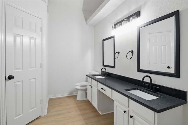 bathroom featuring a sink, double vanity, toilet, and wood finished floors
