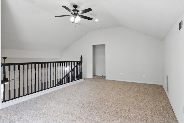 bonus room with a ceiling fan, vaulted ceiling, carpet, and visible vents