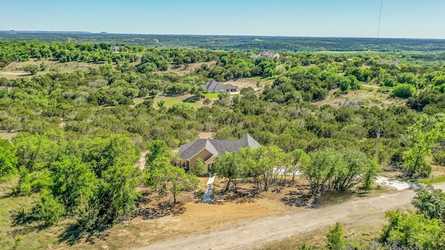 aerial view featuring a wooded view