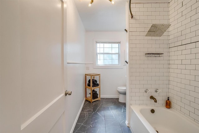 bathroom with bathing tub / shower combination, baseboards, toilet, and marble finish floor