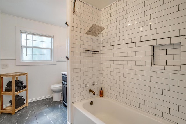 bathroom with vanity, bathtub / shower combination, toilet, marble finish floor, and baseboards