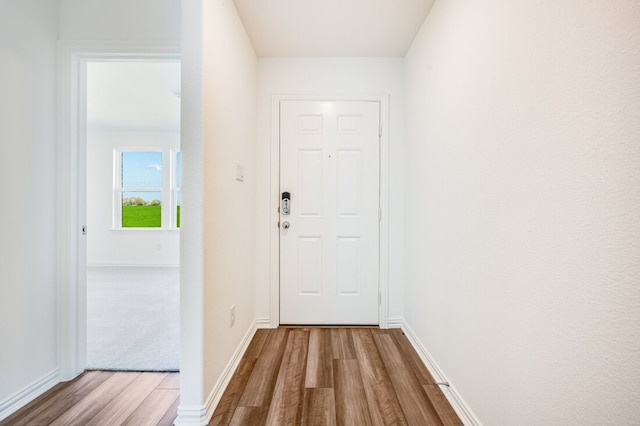 doorway featuring baseboards and wood finished floors