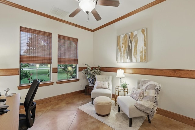 office area with visible vents, ornamental molding, ceiling fan, and tile patterned flooring