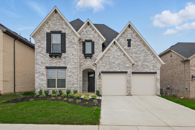 french country inspired facade featuring brick siding, driveway, and a front yard