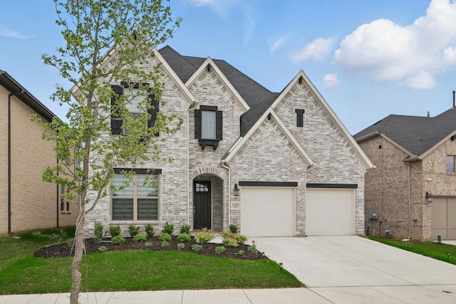 french provincial home featuring concrete driveway, brick siding, and a front yard