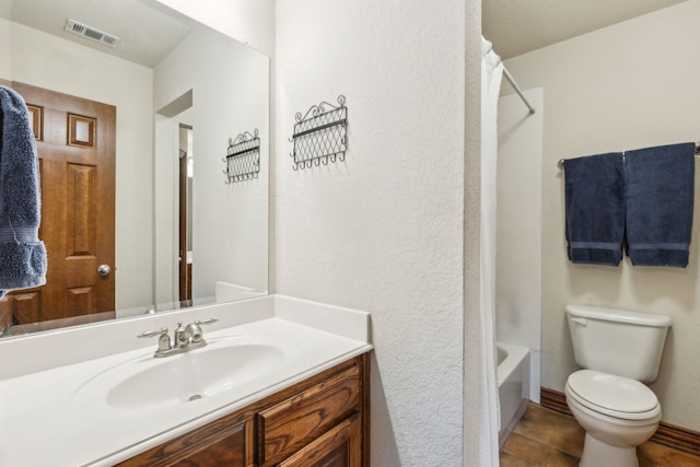 bathroom with toilet, visible vents, washtub / shower combination, and vanity