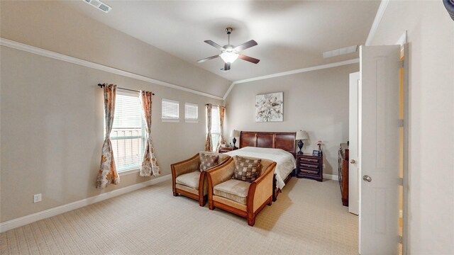 bedroom featuring visible vents, crown molding, light carpet, baseboards, and ceiling fan