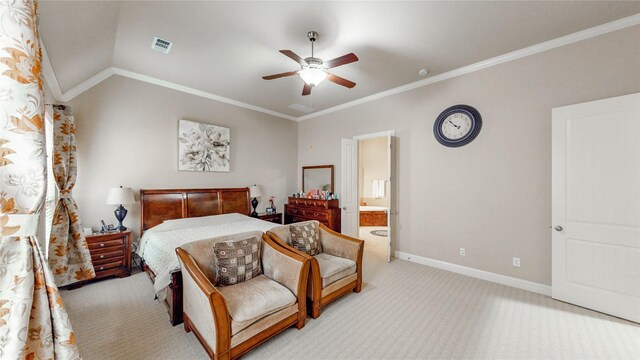 bedroom with crown molding, baseboards, light carpet, and visible vents