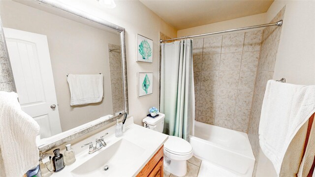 bathroom featuring vanity, toilet, and shower / tub combo with curtain