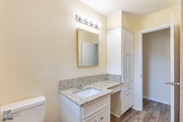 bathroom with vanity, wood finished floors, and toilet