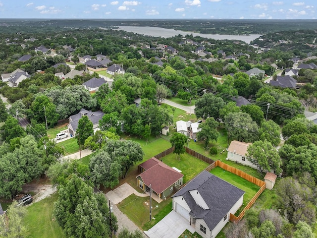 aerial view with a water view and a residential view