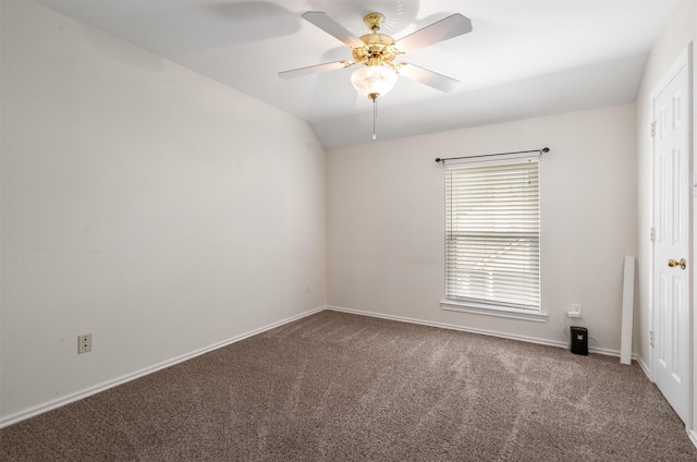 unfurnished room featuring carpet flooring, ceiling fan, and baseboards