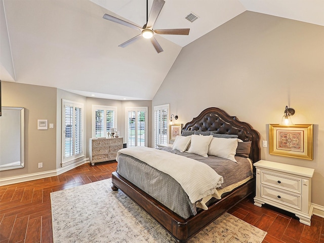bedroom with baseboards, ceiling fan, high vaulted ceiling, and dark wood-style floors