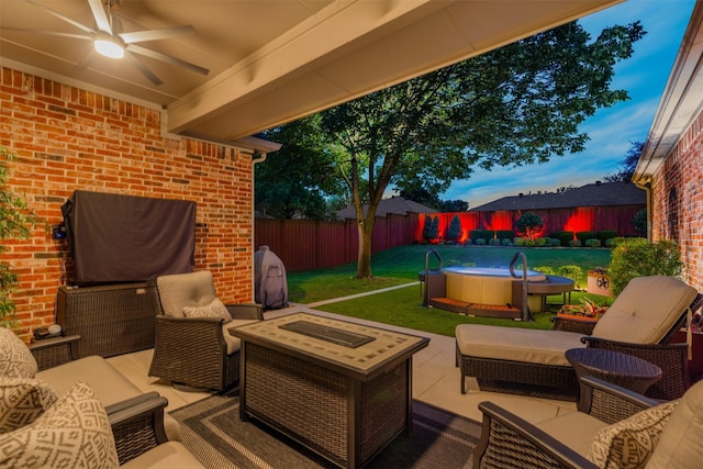 view of patio / terrace featuring a fenced backyard, a ceiling fan, and outdoor lounge area