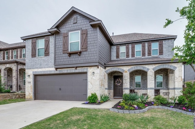 1016 Webb Ave, Aubrey, TX 76227 - view of front of house featuring a garage, driveway, stone siding, and covered porch