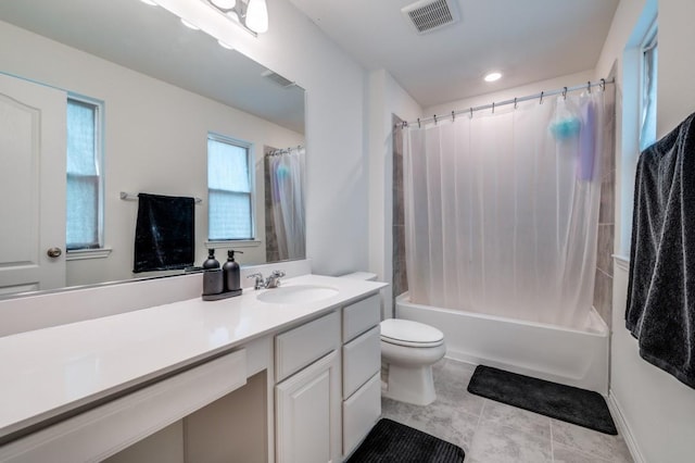 1016 Webb Ave, Aubrey, TX 76227 - full bathroom with visible vents, vanity, tile patterned floors, toilet, and shower / bath combo with shower curtain