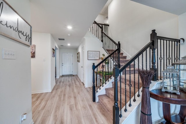 1016 Webb Ave, Aubrey, TX 76227 - interior space featuring light wood-type flooring, recessed lighting, baseboards, and stairway