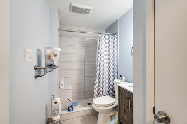 full bath featuring tile patterned flooring, vanity, toilet, a shower stall, and visible vents