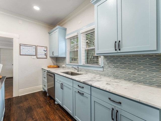 kitchen with decorative backsplash, dark wood-style flooring, crown molding, dishwasher, and a sink