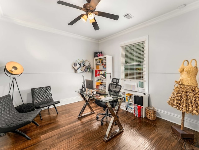 office with a ceiling fan, visible vents, crown molding, wood finished floors, and cooling unit