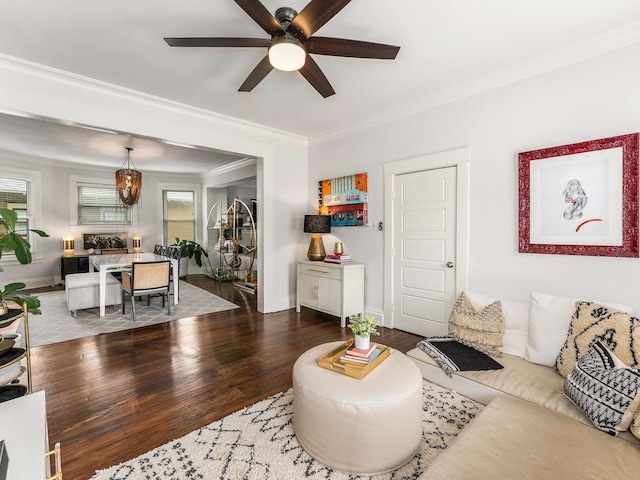 living area featuring ceiling fan, ornamental molding, plenty of natural light, and wood finished floors