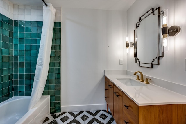 full bathroom with baseboards, shower / bathtub combination with curtain, and vanity