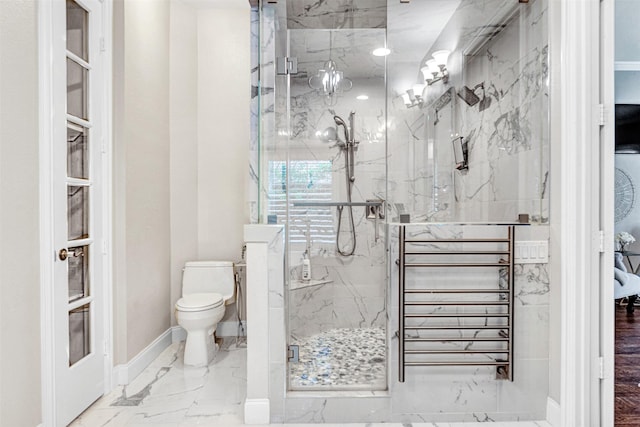 bathroom with marble finish floor, toilet, baseboards, radiator heating unit, and a marble finish shower