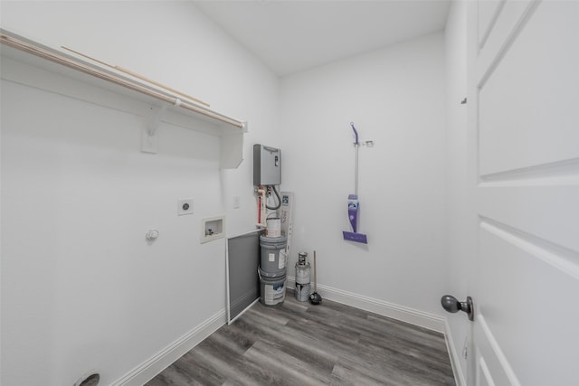 washroom with laundry area, wood finished floors, baseboards, washer hookup, and hookup for an electric dryer