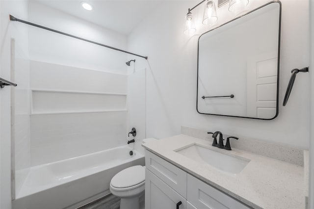 full bath with toilet, shower / bathing tub combination, and vanity