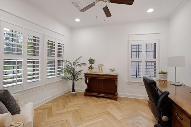 805 S Lindsay St, Gainesville, TX 76240 - office featuring healthy amount of natural light, a ceiling fan, ornamental molding, baseboards, and recessed lighting