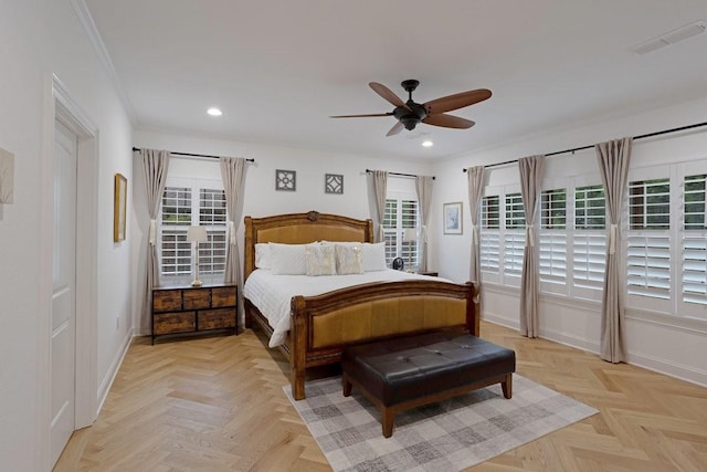 805 S Lindsay St, Gainesville, TX 76240 - bedroom featuring baseboards, recessed lighting, ceiling fan, and ornamental molding