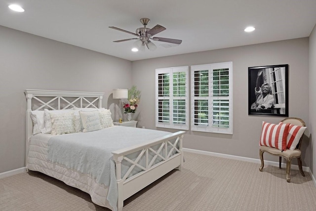 805 S Lindsay St, Gainesville, TX 76240 - bedroom with baseboards, carpet floors, recessed lighting, and ceiling fan