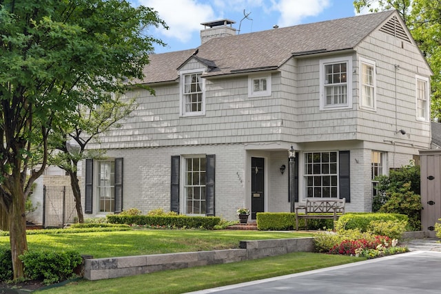 cape cod house with a shingled roof, a chimney, a front lawn, and brick siding