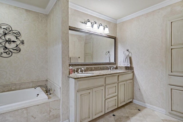 full bathroom featuring double vanity, wallpapered walls, a relaxing tiled tub, tile patterned floors, and a sink