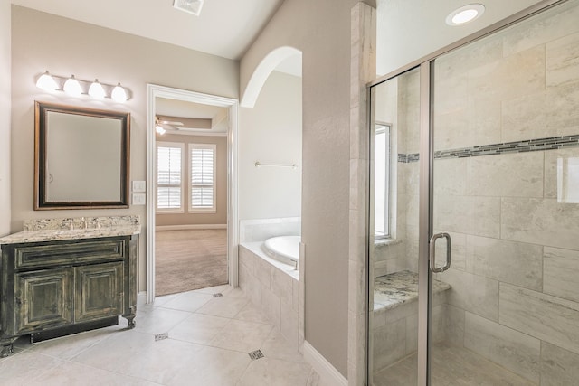 1310 Packsaddle Trl, Prosper, TX 75078 - bathroom with a garden tub, vanity, visible vents, tile patterned floors, and a shower stall