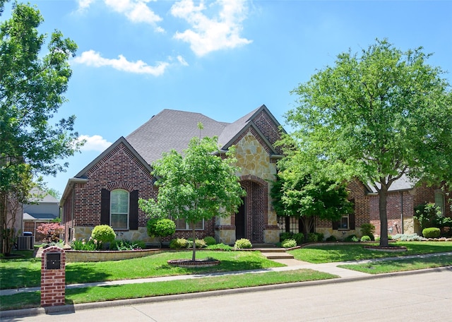 view of front of home with brick siding, a front lawn, stone siding, and cooling unit