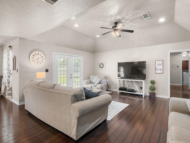 living area with a ceiling fan, french doors, visible vents, baseboards, and lofted ceiling