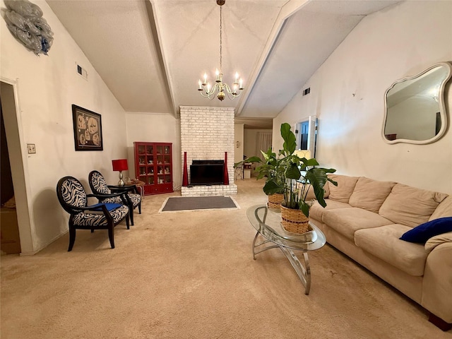 321 Chisholm Trl, Sherman, TX 75092 - carpeted living room with an inviting chandelier, lofted ceiling with beams, and visible vents