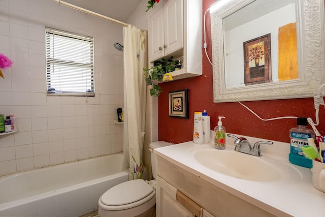 full bathroom featuring toilet, shower / bathtub combination with curtain, and vanity