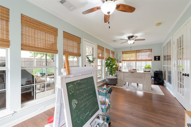 111 Princeton Cir, Forney, TX 75126 - sunroom featuring french doors, ornamental molding, wood finished floors, and visible vents