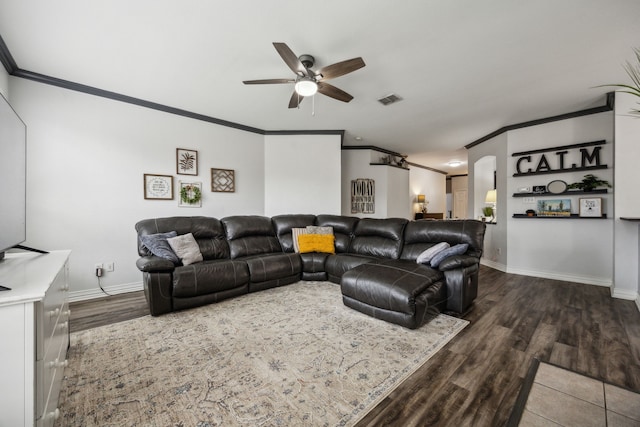 10602 Greenbriar Ln, Rowlett, TX 75089 - living area with visible vents, crown molding, wood finished floors, baseboards, and ceiling fan