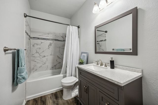 10602 Greenbriar Ln, Rowlett, TX 75089 - full bathroom with toilet, shower / bath combination with curtain, wood finished floors, and vanity