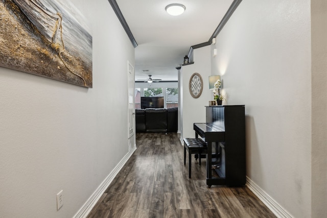 10602 Greenbriar Ln, Rowlett, TX 75089 - hall featuring dark wood-type flooring, baseboards, and crown molding