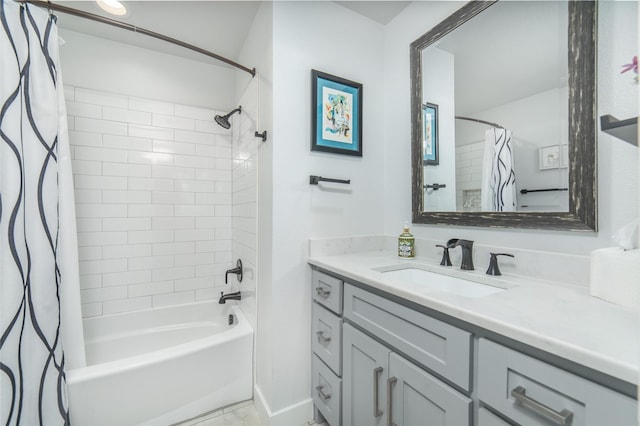 bathroom with vanity and shower / bath combination with curtain