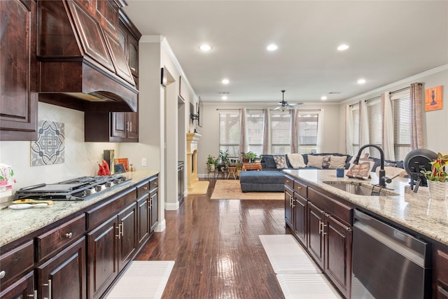 8225 Bonny Bank, The Colony, TX 75056 - kitchen with a sink, appliances with stainless steel finishes, custom exhaust hood, ceiling fan, and crown molding