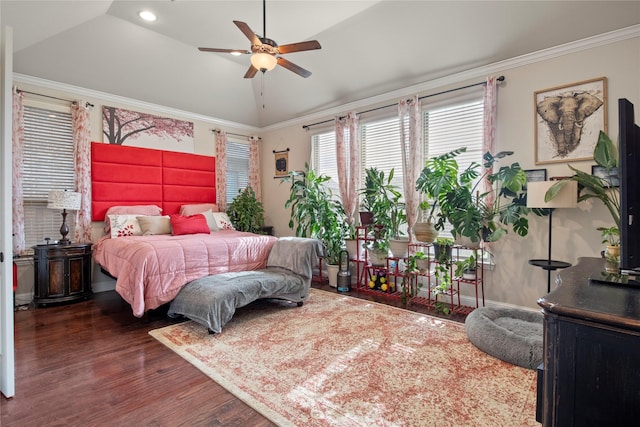 8225 Bonny Bank, The Colony, TX 75056 - bedroom featuring dark wood-style flooring, ornamental molding, lofted ceiling, baseboards, and a ceiling fan