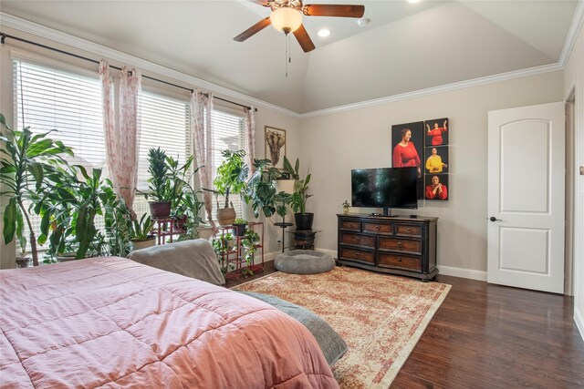 8225 Bonny Bank, The Colony, TX 75056 - bedroom featuring baseboards, dark wood finished floors, vaulted ceiling, and ceiling fan