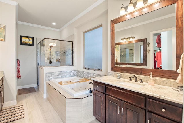 8225 Bonny Bank, The Colony, TX 75056 - full bathroom with a shower stall, a tub with jets, vanity, crown molding, and baseboards