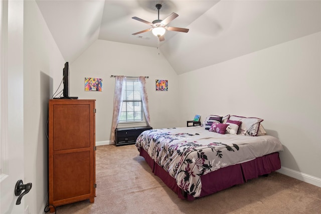 8225 Bonny Bank, The Colony, TX 75056 - bedroom featuring vaulted ceiling, light carpet, baseboards, and ceiling fan